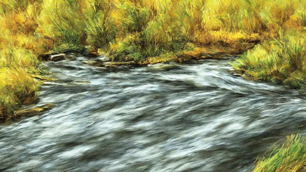 Prompt: a river stream paiting. paper texture.