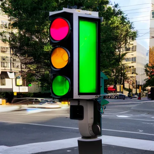 Image similar to a realistic photo of traffic light that uses portals from the video game portal 2 to control traffic at an intersection