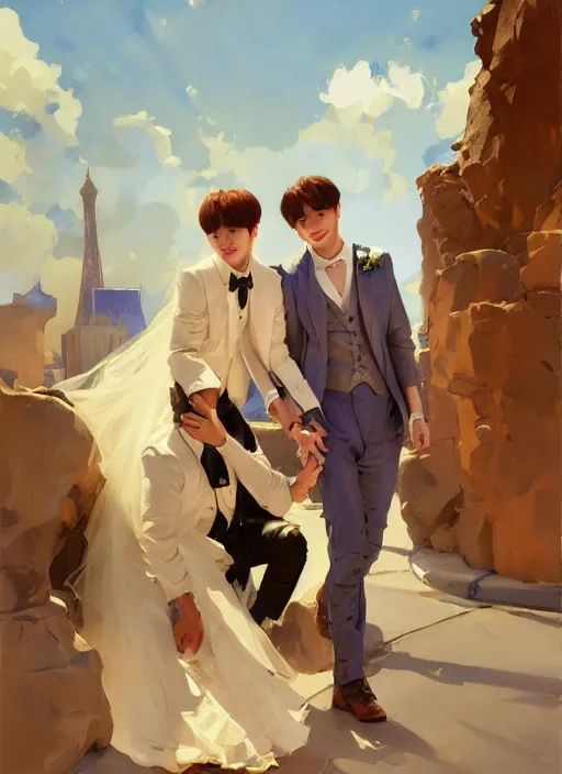 Image similar to jungkook and taehyung of bts getting married in las vegas, perfect eyes, jodhpurs hyperborea winter traveler treasure hunter greg manchess painting by sargent and leyendecker, fantasy, medium shot, matte painting, illustration, hearthstone, by rhads, by greg rutkowski, by greg tocchini, by james gilleard, by joe fenton