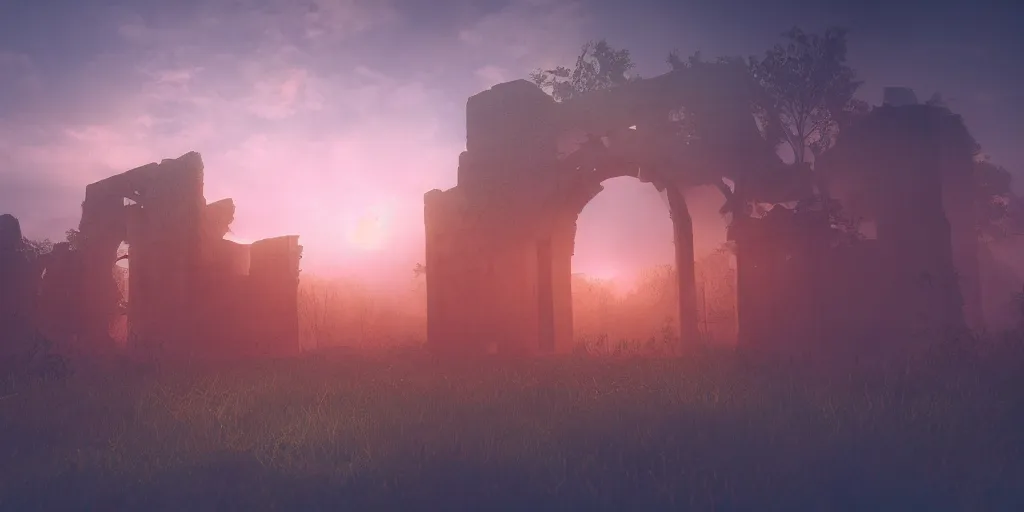 Image similar to mystical ruins, volumetric lighting, sunrise, vivid, fog, digital art