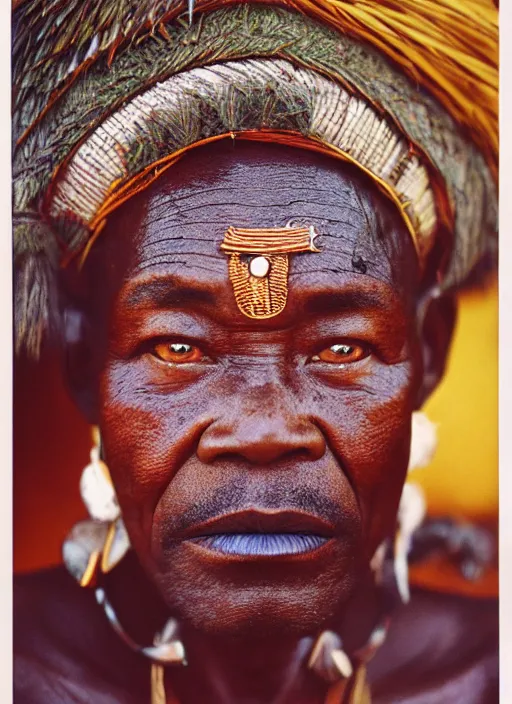 Prompt: analogue photo of an igbo tribal chief, 35mm, f/1.4, Golden Hour light, national geographic, photographed by Martha Cooper,