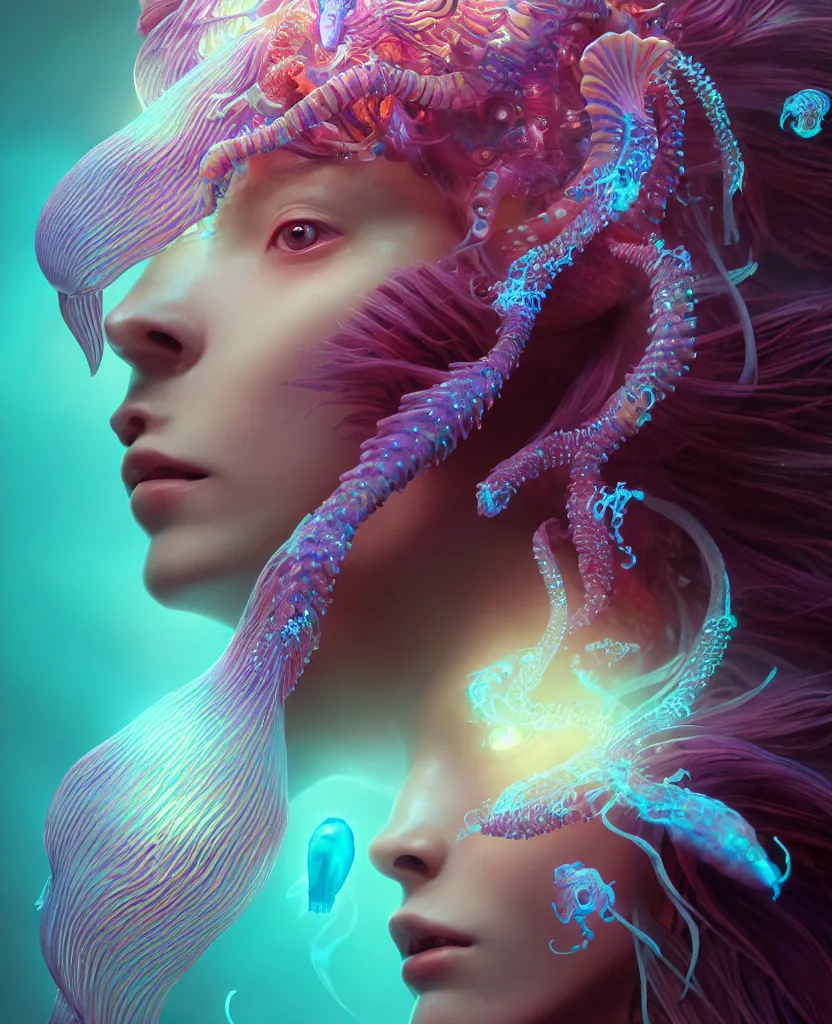 Image similar to goddess close-up portrait. orchid jellyfish phoenix head, nautilus, skull, betta fish, bioluminiscent creatures, intricate artwork by Tooth Wu and wlop and beeple. octane render, trending on artstation, greg rutkowski very coherent symmetrical artwork. cinematic, hyper realism, high detail, octane render, 8k