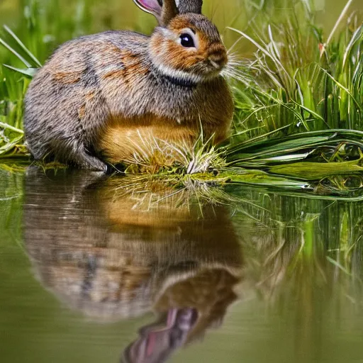 Image similar to high detailed photo of a rabbit relaxing at a nearby lake with a duck.