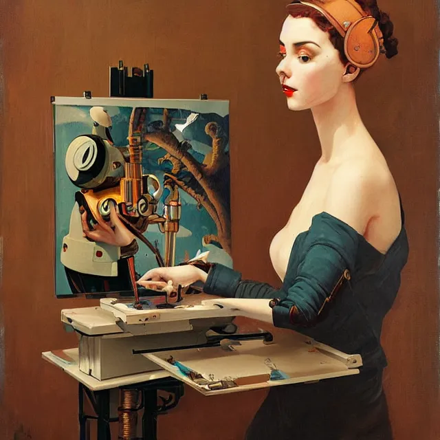 Image similar to robot artist painting a self - portrait on a canvas. intricate, highly detailed, digital matte painting, in the style of alexandros pyromallis, and in the style of sachin teng, and in the style of hans thoma, and in the style of gil elvgren. irony, recursion, inspiration, streamline moderne.