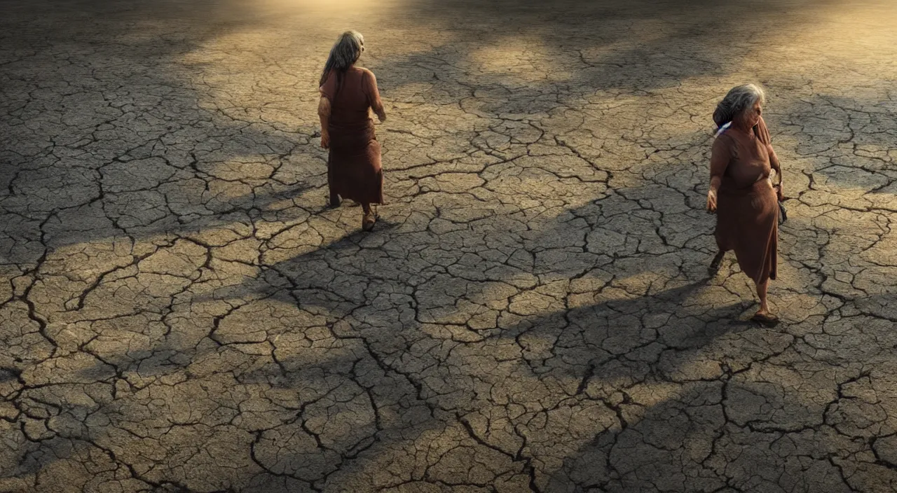 Image similar to Giant 65-year-old giant Gaia woman crying as she walks over a dried up river, blue sky, warm and sunny, highly-detailed, elegant, dramatic lighting, artstation, 4k, cinematic landscape