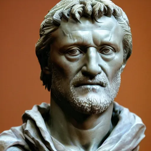 Image similar to a sculpture by michelangelo with the likeness of rutger hauer