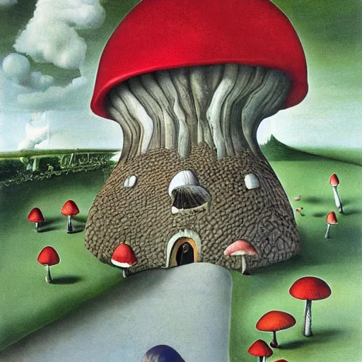 Prompt: a mushroom house on the style of salvador dali