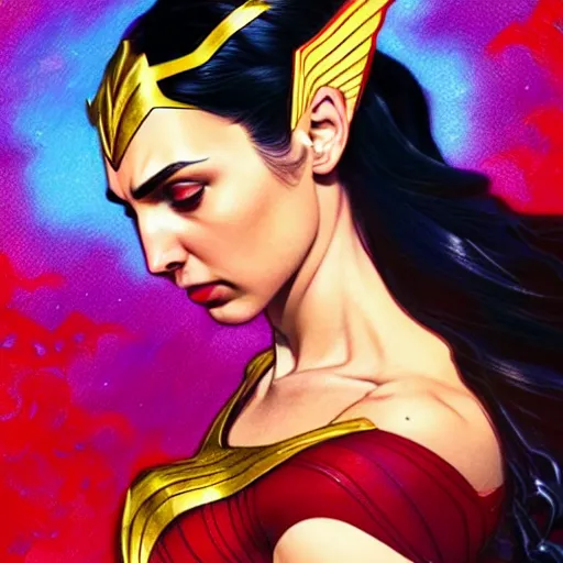 Prompt: gal gadot as darna, volumetric lights, red and cyan theme, art nouveau botanicals, intricate, highly detailed, digital painting, artstation, concept art, smooth, sharp focus, cinematic, illustration, beautiful face, art by artgerm and greg rutkowski and alphonse mucha