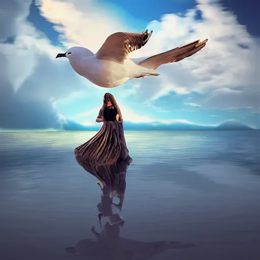 Image similar to Digital art of a woman riding a giant seagull in the sky