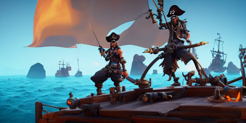 Image similar to a wide shot of a stylized 3D CGI fortnite pirate standing on the front of the ghost ship with the black Jolly Roger flag, the ghost ship is in the middle of the ocean, extremely detailed, pirate portrait, fantasy art overwatch and heartstone, cgsociety, artstation hq, octane render, 8k,