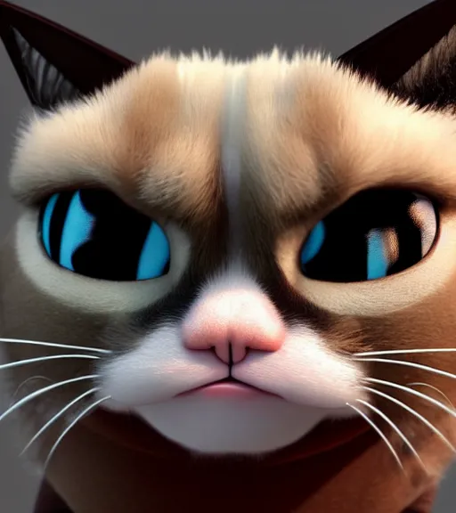 Image similar to Fanart 3D model of grumpy cat with a big giant grin on his adorable little face, kawaii grumpy cat model, lucky cat grumpy cat, trending on artstation, cycles render, character sculpt, perfect lighting, highly detailed background, For Hire 3D artist, Pixar and Industrial