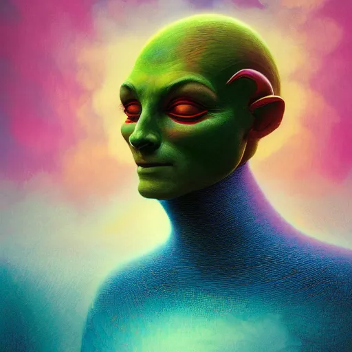 Prompt: colourful breathtakingly weird beautiful powerful magical wonderfully majestic beautifully cool character closeup by michael whelan and moebius and beeple and dan mcpharlin and pascal blanche and jamie hewlett and richard dadd, symmetrical, extreme close up with a serene expression, magical stormy reflections, smoke on water, 8 k artstation