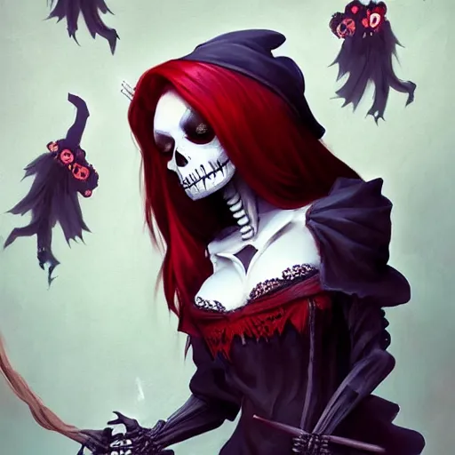 Prompt: cute & beautiful smug smiling undead skeleton girl with red hair dressed as a very attractive witch, elegant, digital art, fantasy, pixar style, painting, pin up, highly detailed, artstation, art by artgerm, vrubel, greg rutkowski, ilya kuvshinov, raymond swanland