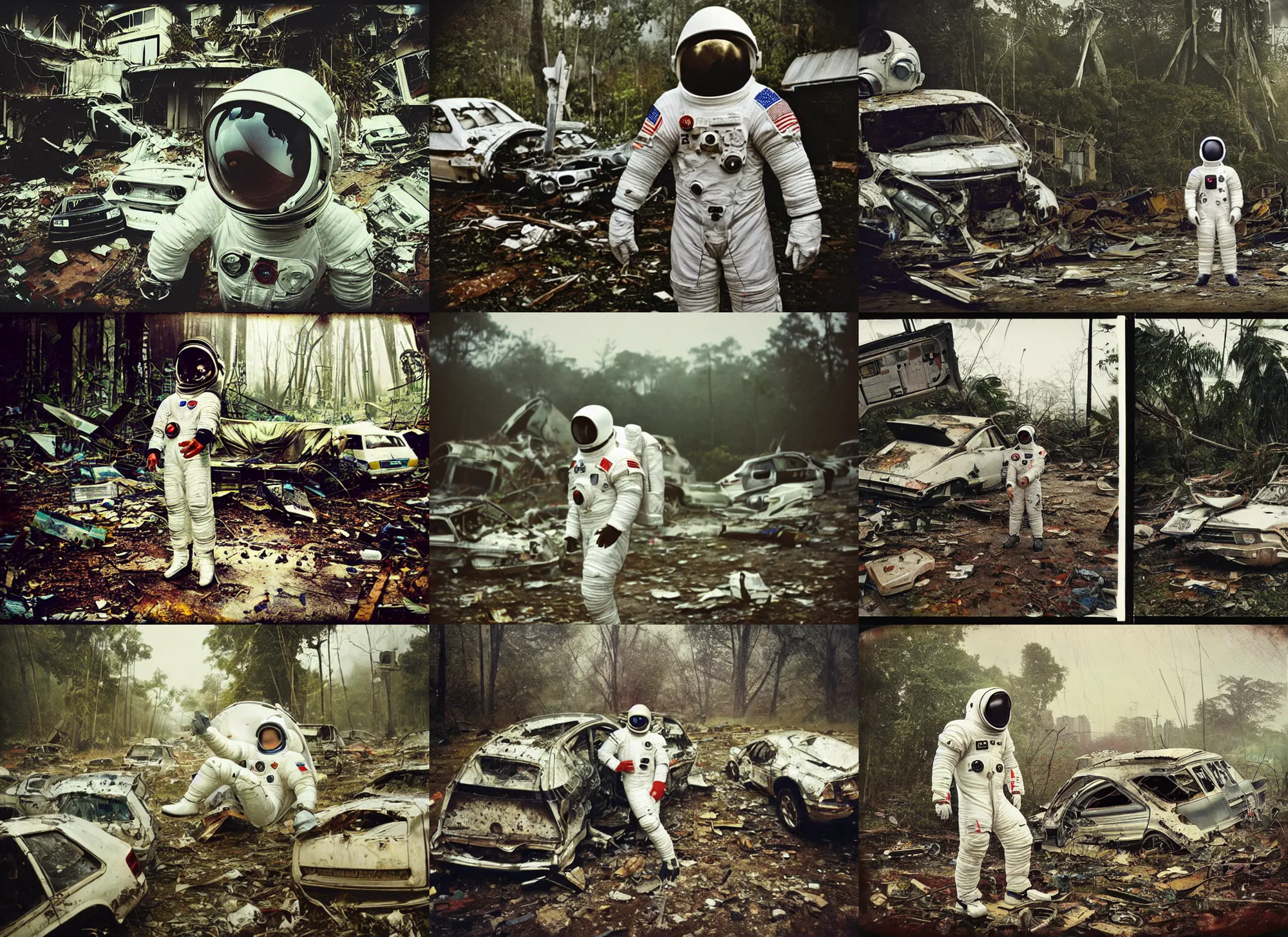 Prompt: american white spacesuit astronaut in postapocalyptic abandoned destroyed jungle, wrecked buildings, destroyed flipped wrecked cars, polaroid photo, vintage, neutral colors, rainy day, by gregory crewdson
