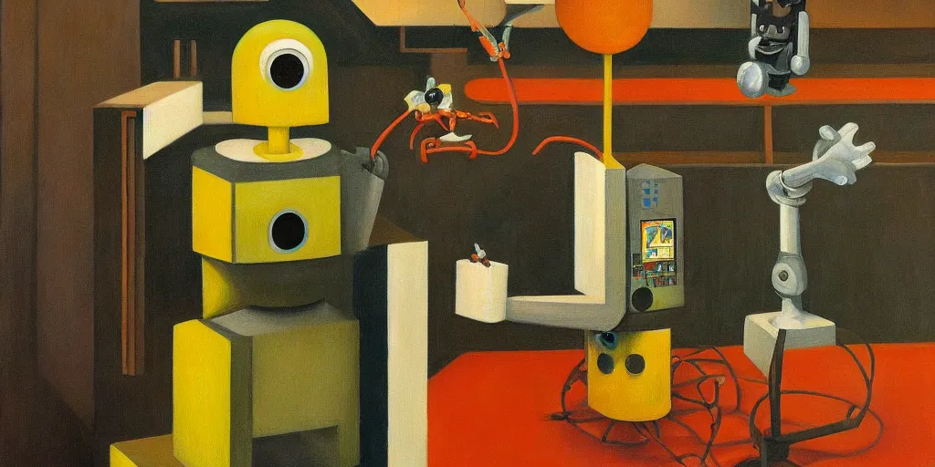 Image similar to robot using a control panel portrait, lowbrow, pj crook, grant wood, edward hopper, oil on canvas