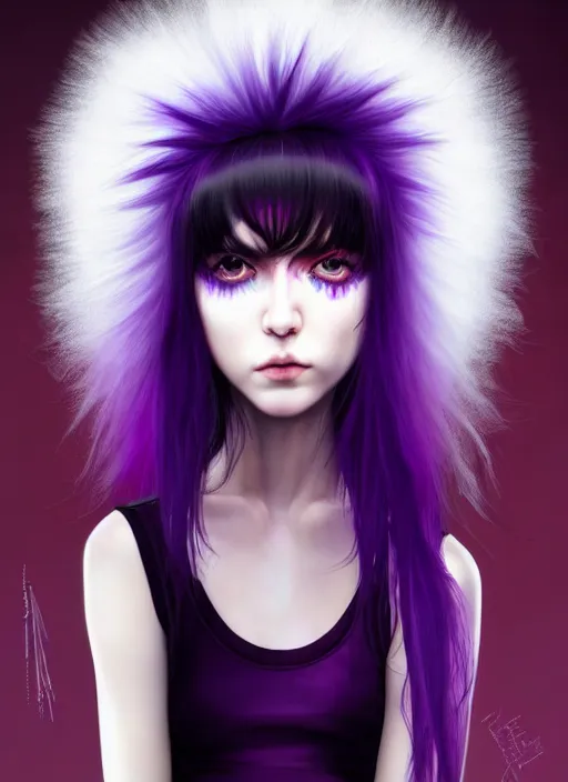 Image similar to hair blackbangs hair, white cyberlox, portrait of normal teenage girl, normal face, black bangs, messy bangs, fluffy bangs, cyberlox, whitebangs, red contact lenses, purple background, intricate, elegant, highly detailed, digital painting, artstation, concept art, sharp focus, smooth, illustration, art by wlop, mars ravelo and greg rutkowski