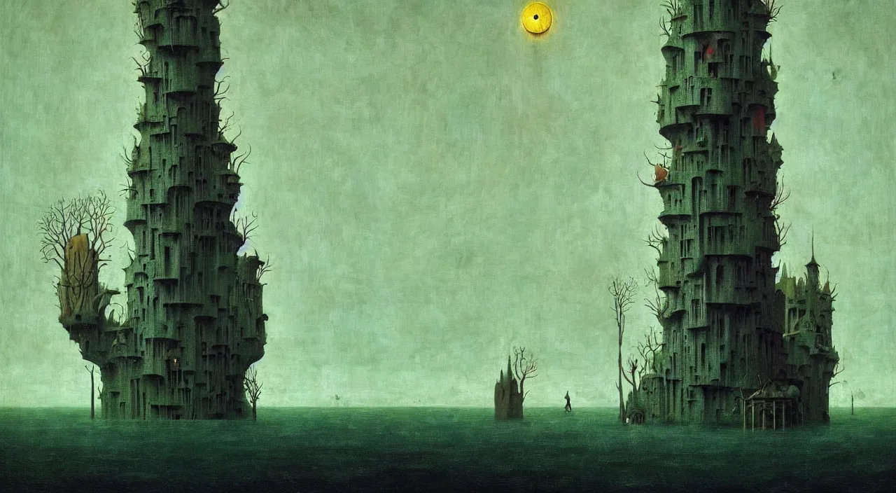 Prompt: single flooded simple!! hive totem tower anatomy, very coherent and colorful high contrast masterpiece by franz sedlacek hieronymus bosch dean ellis simon stalenhag rene magritte gediminas pranckevicius, dark shadows, sunny day, hard lighting