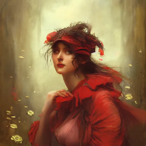 Prompt: Jean-Baptiste Monge and Solomon Joseph Solomon and Richard Schmid and Jeremy Lipking victorian genre painting portrait painting of a young beautiful woman marverl DC comic book character fantasy costume, red background