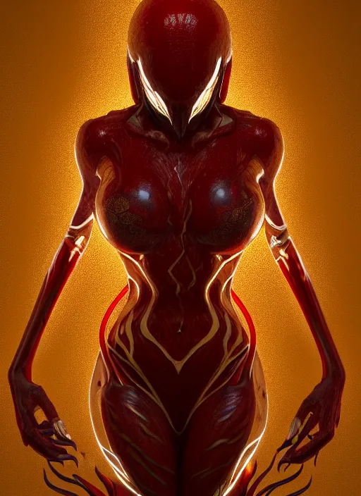 Image similar to female red and gold venom, naturel, hyper detailed, digital art, trending in artstation, cinematic lighting, studio quality, smooth render, unreal engine 5 rendered, octane rendered, art style by klimt and nixeu and ian sprigger and wlop and krenz cushart