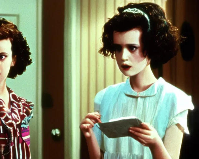 Image similar to millie bobby brown as winona ryder as lydia in beetlejuice, 1988, cdx