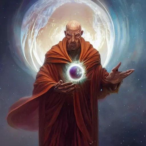 Image similar to the creator of worlds wearing a cloak and holding a holographic planet projection in his hand, detailed, sci - fi, digital painting, artstation, sharp focus, illustration, ominous, artgerm, tomasz alen kopera, peter mohrbacher, donato giancola, joseph christian leyendecker, wlop, frank frazetta