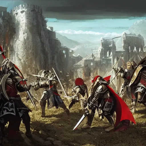 Prompt: a beautiful medieval battle between Knight and Templar against the Orcs, in anime style highly detailed by Raphael Lacoste, greg rutkowski, makoto shinkai