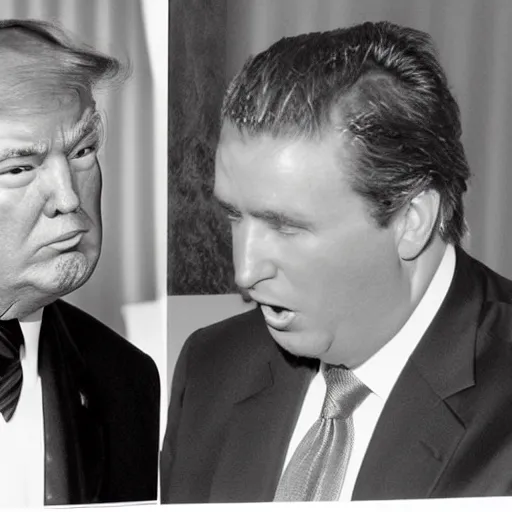 Prompt: Trump yelling at Trump, b&w photograph,