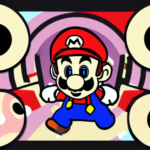 Image similar to svg sticker of a Pop-Wonder SuperMario, Mario-Wearing-a-red-hat, at a rave, spinning records, giant headphones rocking out, wearing headphones, huge speakers, dancing, rave, DJ, spinning records, digital art, amazing composition, rule-of-thirds, award-winning, trending on artstation, featured on deviantart