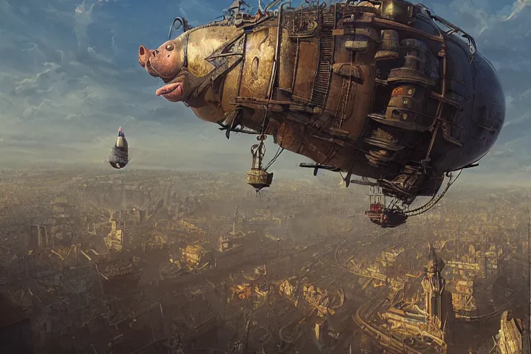 Prompt: a PIG HEAD, pig-blimp, steampunk, digital art, extremely detailed, flying over a city, greg rutkowski, cinematic