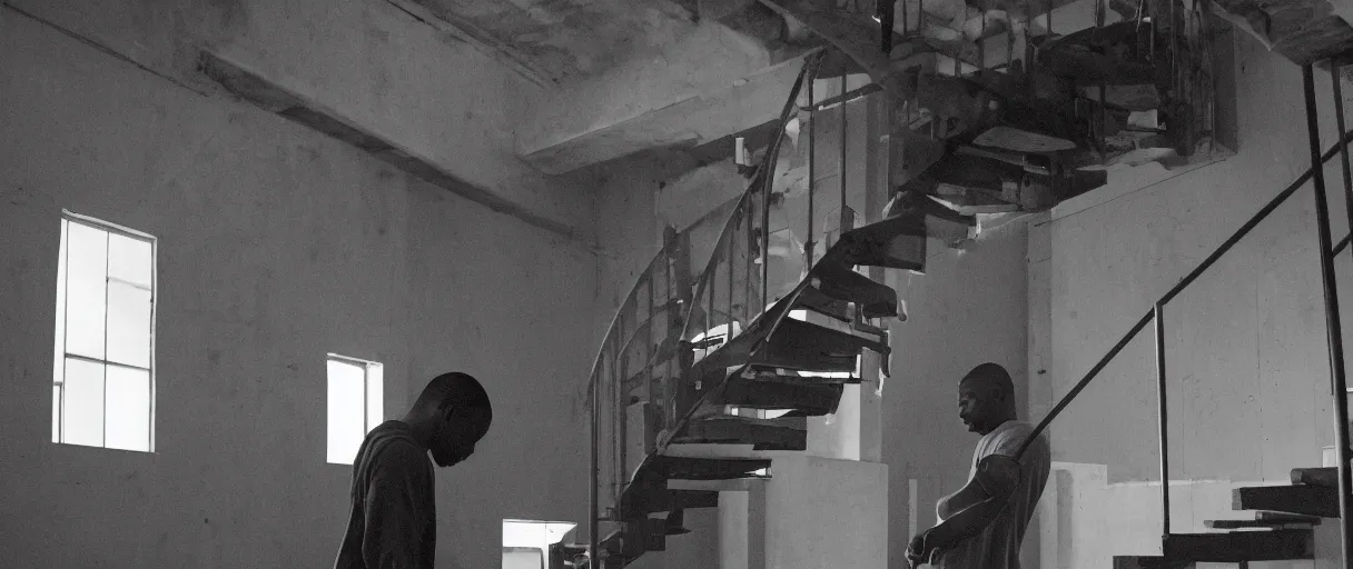 Image similar to frank ocean building a spiral staircase in the centre of the room, inside of a warehouse, greyscale,