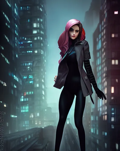 Prompt: photorealistic beautiful half cyborg woman by Artgerm and NeoArtCorE with a mischievous look, the half cyborg woman is wearing a long trench coat, in a dark night rooftop scene by Liam Wong