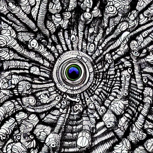 Image similar to hundreds of eyeballs, pen and ink, psychedelic, eerie, surreal, very detailed