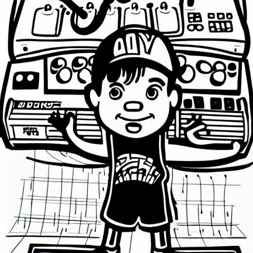 Image similar to cartoon line drawing illustration, in fine detail, of a kid, wearing a backwards baseball cap, playing a Korg MS-20 synthesizer, in the style of The Beano, pen and ink, black and white, long shot, white background, graffiti marker, graffiti character, 90s cartoon