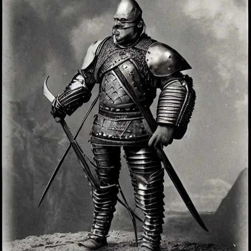 Prompt: vintage photograph of an orc in armor