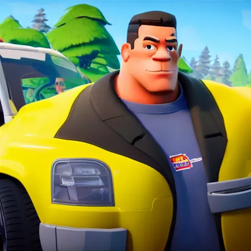 Image similar to fat john cena driving a car with really big tires, super big tires, chonky tires, fortnite screenshot. Chonkers. Chonk.