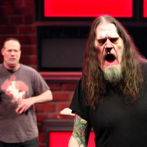 Image similar to George Fischer from cannibal corpse shows off his neck on Jerry Springer in the style of Moebius