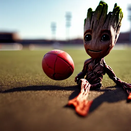 Image similar to baby groot playing football for the denver broncos, macro lens, low angle