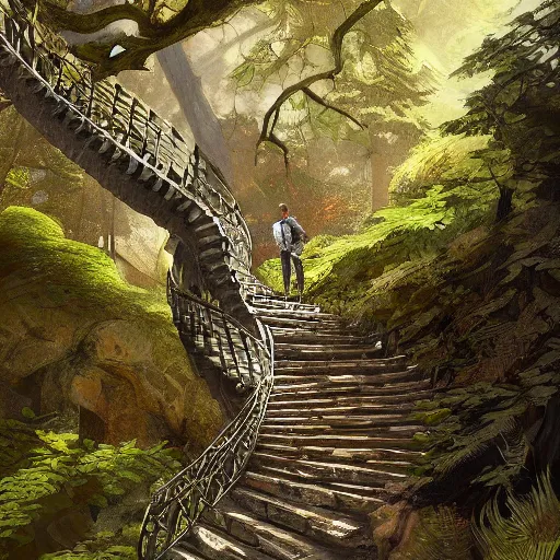 Image similar to a man, walking up a steep and winding staircase. in woods. intricate, elegant, highly detailed, digital painting, artstation, concept art, sharp focus, illustration, by justin gerard and artgerm, 8 k