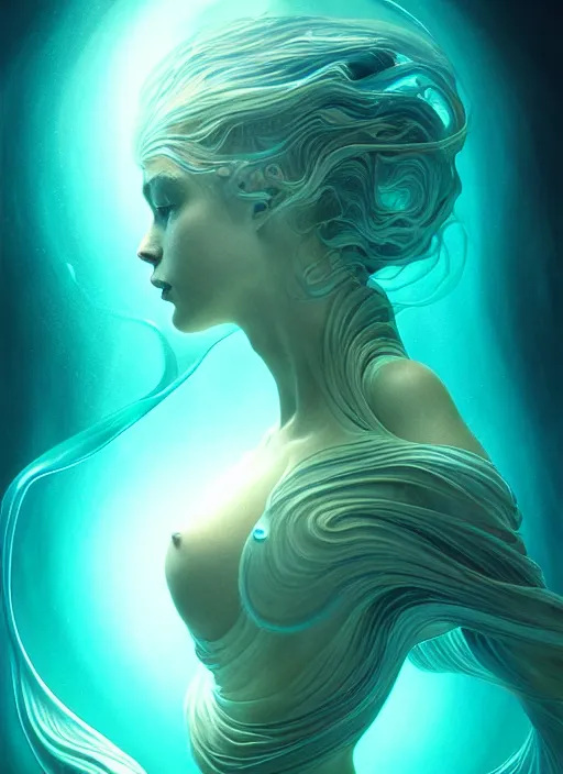 Image similar to an underwater photographic beauty portrait of an anthropomorphic bioluminescent liquid wave, dramatic murky volumetric lighting, fantasy, intricate, elegant, highly detailed, digital painting, artstation, concept art, smooth, sharp focus, illustration, art by artgerm and h r giger and alphonse mucha