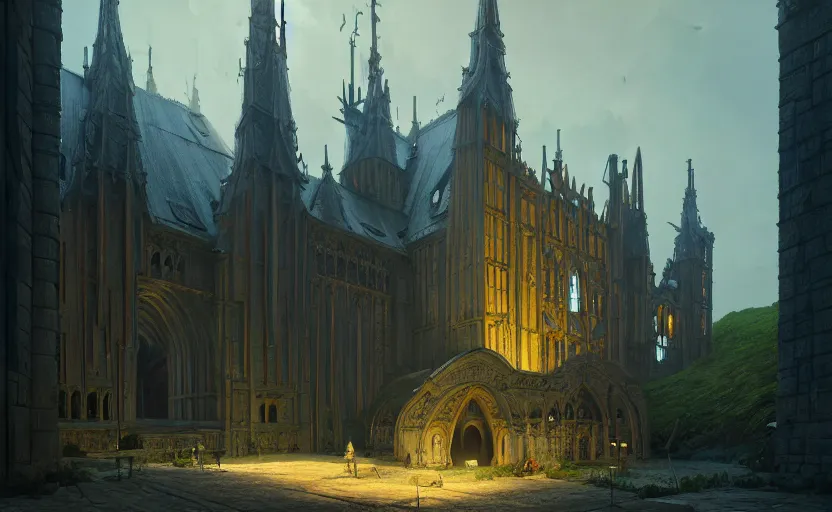 Prompt: exterior shot of utopian medieval architecture with cinematic lighting by zaha hadid peter zumthor and renzo piano and, darek zabrocki and greg ruthkowski, simon stalenhag, cinematic, holy place, paradise, scifi, futurism, atmospheric, concept art, artstation, trending on artstation