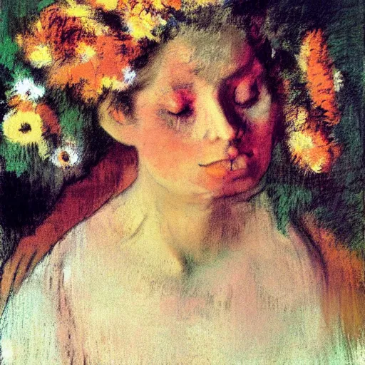 Prompt: Woman , in flowers on her face, Edgar Degas style