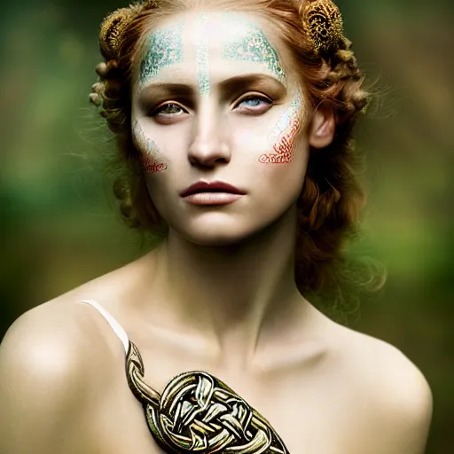 Image similar to photographic portrait of a stunningly beautiful renaissance female with celtic tribal makeup in soft dreamy light at sunset, contemporary fashion shoot, by edward robert hughes, annie leibovitz and steve mccurry, david lazar, jimmy nelsson, breathtaking, 8 k resolution, extremely detailed, beautiful, establishing shot, artistic, hyperrealistic, beautiful face, octane render