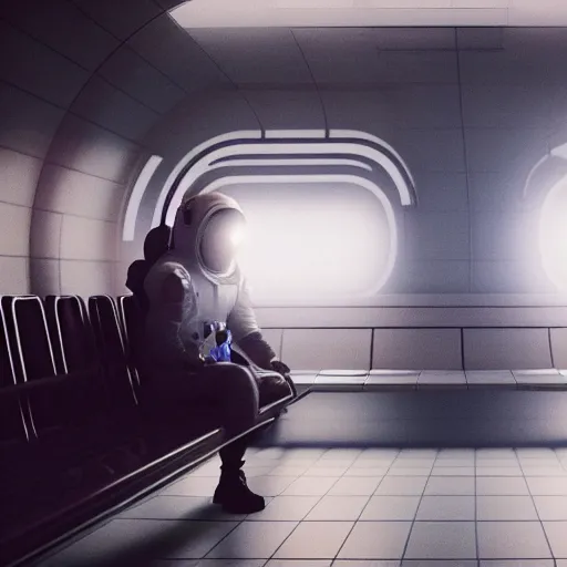 Image similar to a beautiful photo of an astronaut waiting in a subway station, 1970', soft light, morning light, photorealistic, realistic, octane, 8k, cinematic shot