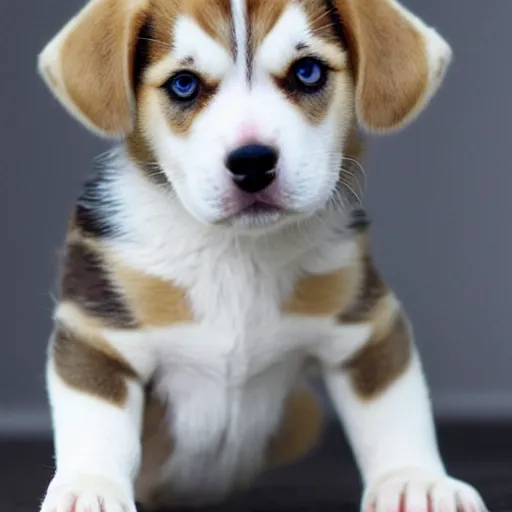 Prompt: husky beagle mix puppy, heterochromia eyes.