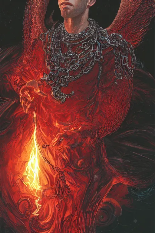 Image similar to lucifer, dark angel, red eyes, chain, handcuffs, large chain, wide open mouth, scream, cruelty, sad, sea bottom, light effect, hyper detailed, intricate, elegant, highly detailed, digital painting, artstation, concept art, matte, sharp focus, illustration, by dan mumford, yusuke murata, makoto shinkai, ross tran