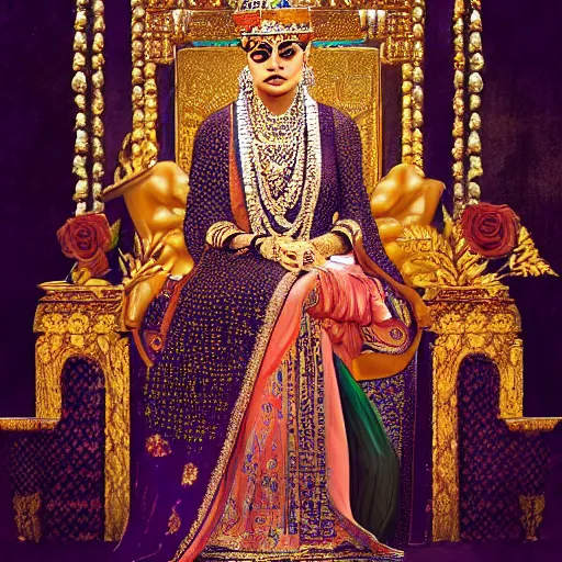 Prompt: the queen of india sitting on a throne, moody atmosphere, digital art, highly detailed, high contrast, beautiful lighting, award winning, trending on art station, photorealistic, 8 k,