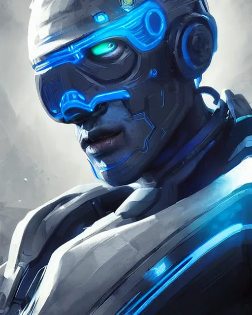 Prompt: blue cyborg as an apex legends character digital illustration portrait design by, mark brooks and brad kunkle detailed, gorgeous lighting, wide angle action dynamic portrait