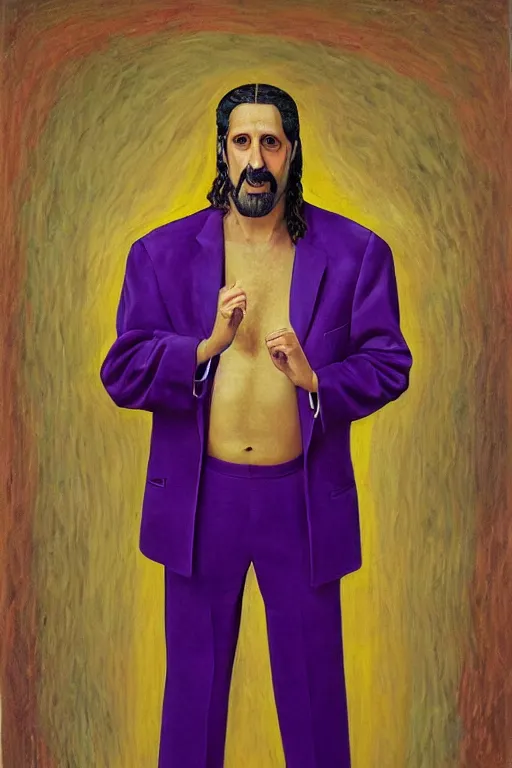 Image similar to Isaak Brodsky portrait painting of John Turturro as the Jesus from The big Lebowski, wearing purple felt bowling suit, realism