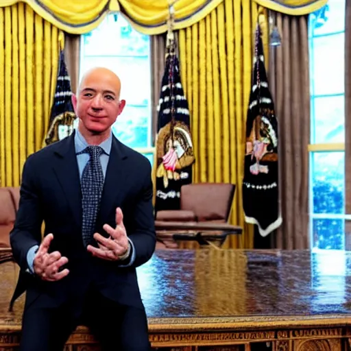 Image similar to jeff bezos as the president of the united states in the oval office