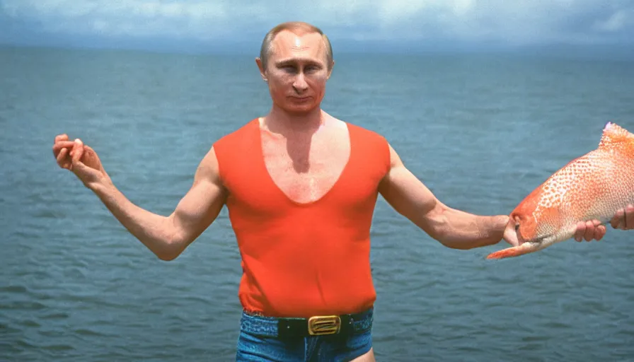 Image similar to 7 0 s movie still of putin in mankini, proudly holding a salmon. cinestill 8 0 0 t _ 3 5 mm eastmancolor, heavy grain, high quality, high detail